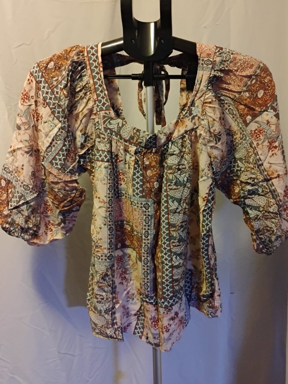 Savanna Jane Boho Patchwork Top Small Tie-Back Pullover